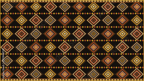 Seamless vector pattern with traditional ethnic geometric diamond shapes in warm earthy tones on a dark background, ideal for textile, fabric, wallpaper, and digital design projects