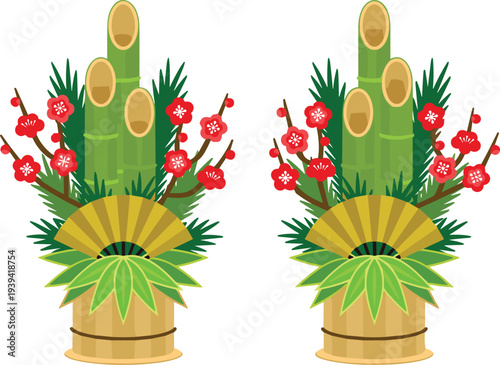 Japanese Kadomatsu New Year decoration vector illustration with bamboo, pine branches and red plum flowers in traditional arrangement isolated on light background for holiday 