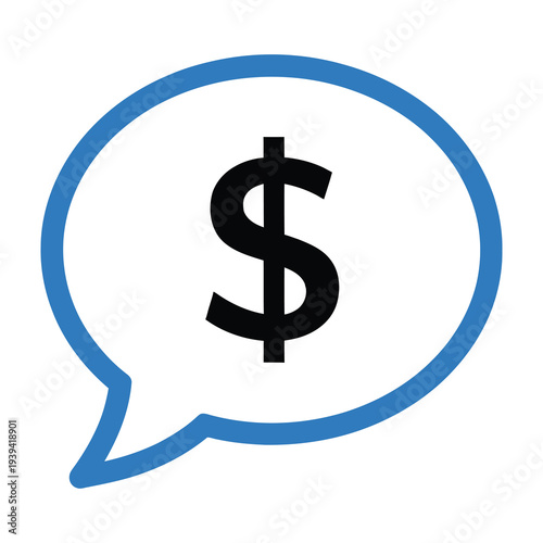 Conceptual illustration of a blue speech bubble containing a black dollar sign symbol representing financial communication money talk economic discussion or business exchange set against a clean
