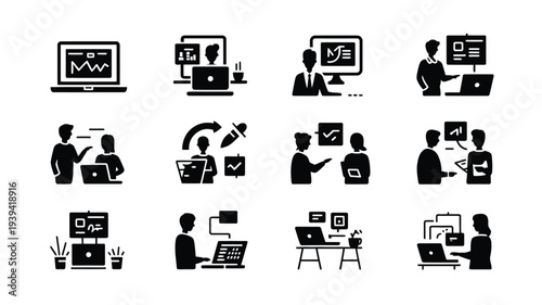Business people working on computers and laptops in office settings with various tasks and communications