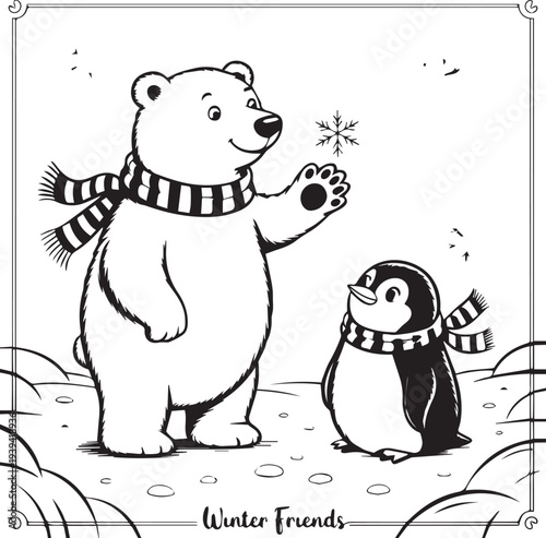 Cute cartoon animals with penguin ice cream and polar bear gift illustration