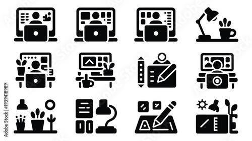 Black and white icon set featuring 12 business and office symbols including computers lamps and office supplies on a clean white background