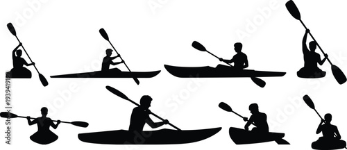 Kayaking and canoeing silhouettes collection with paddlers in different poses vector illustration isolated on light background for water sport, adventure and outdoor activity design