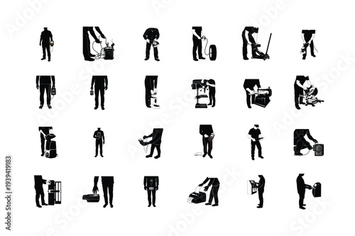 Headless People Using Tools Black Silhouette Icons Collection Vector Set