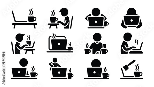 Vector icons of people working on laptops with coffee cups remote work and productivity concept