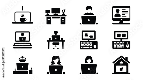 Collection of 12 black and white flat icons depicting people working remotely from home or office with laptops and desktops