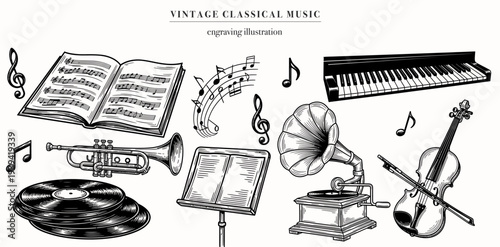 Vintage orchestra instruments illustration. Engraved hand drawn sketch, isolated on white background. Vector illustration