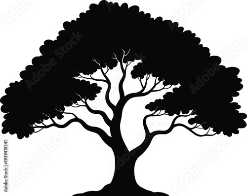 Large leafy tree silhouette vector illustration with wide canopy and curved branches isolated on light background, nature landscape element for logo, icon and design