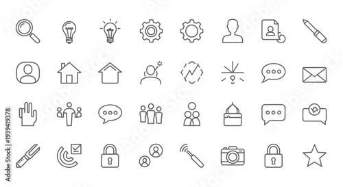 Large Collection of Diverse Outline Icons Set for Web, UI, and Business Concepts, isolated white background.