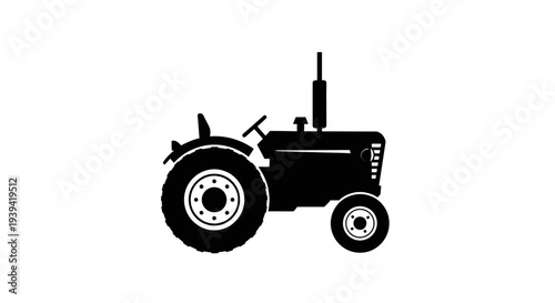 Silhouette of a classic farm tractor in side view, representing agricultural machinery and farming equipment, isolated white background.