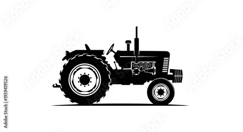 Silhouette of a classic vintage farm tractor, symbolizing agriculture and rural machinery, isolated white background.