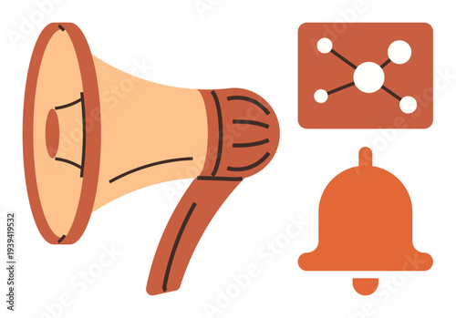 Communication, notifications, social connection, marketing, alerts, network management. Features a megaphone, notification bell and connected nodes. Communication and notifications concept