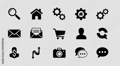 Collection of universal interface, web, and application black glyph icons for common digital functions, in bright studio.