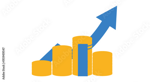 Stacks of gold coins and blue bar chart with an upward blue arrow, symbolizing financial success and increasing profit, isolated white background.
