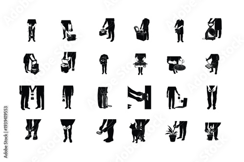 Headless People Using Tools Black Silhouette Icons Collection Vector Set