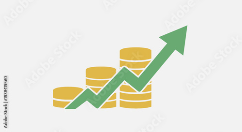 Stacks of gold coins with an upward green arrow, illustrating financial growth and investment increase, isolated white background.