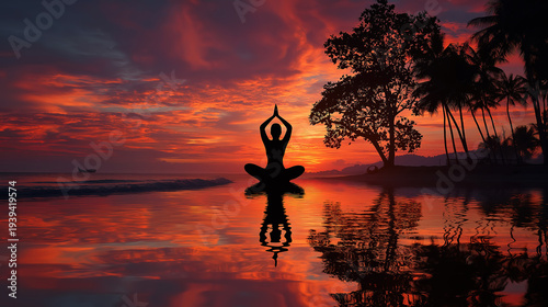 Peaceful yoga session with woman silhouette on beach during sunset
