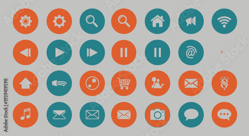 Modern Web and UI Icons in Orange and Teal Circles on Bright Studio Background