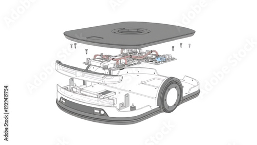 Robot Vacuum Cleaner Exploded View Diagram, Smart Home Cleaning Robot Assembly Illustration