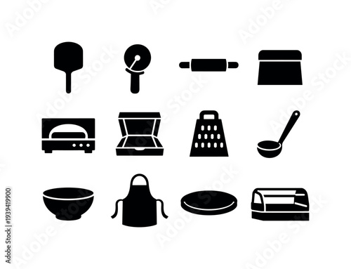 Collection of black icons representing pizza making and kitchen tools on a white background