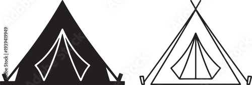 Minimalist black and white camping tent icons in solid silhouette and outline styles for outdoor adventure and recreation design