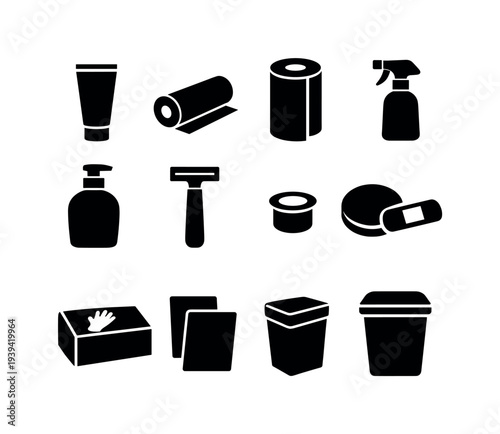 Collection of hygiene and personal care product icons in a clean, modern style
