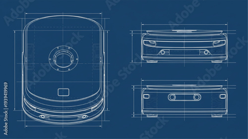 Robot Vacuum Cleaner Blueprint Technical Drawing, Smart Cleaning Robot Engineering Diagram