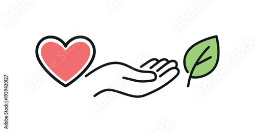Hand holding a heart and a leaf, symbolizing care for health and nature
