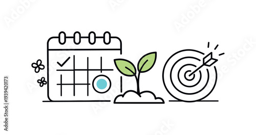 Business growth strategy with calendar, plant, and target icons