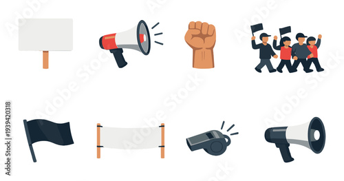 Assortment of protest icons on dark gradient background