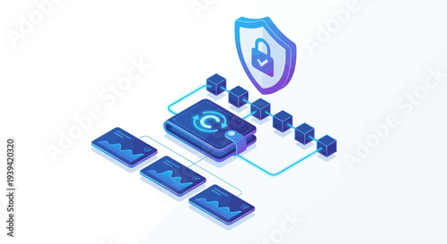 Secure Digital Wallet and Blockchain Network with Data Protection - Isometric Crypto Concept
