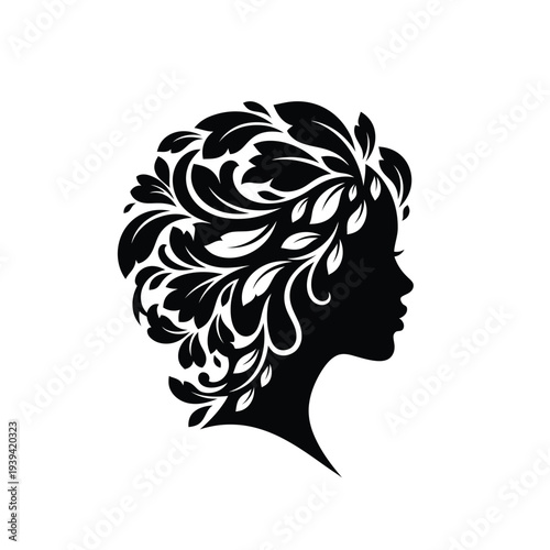 Elegant vector illustration of a glamour lady profile featuring a long hair silhouette and a face sketch adorned with a flower design for a black art style beauty model