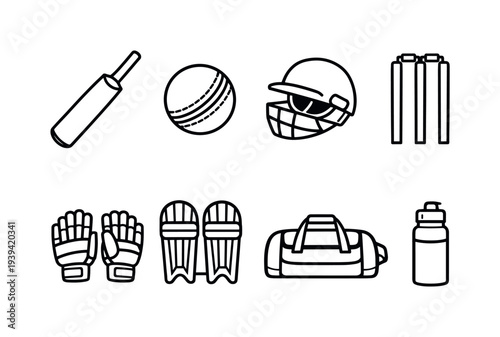 Collection of cricket equipment icons on a white background, vector illustration
