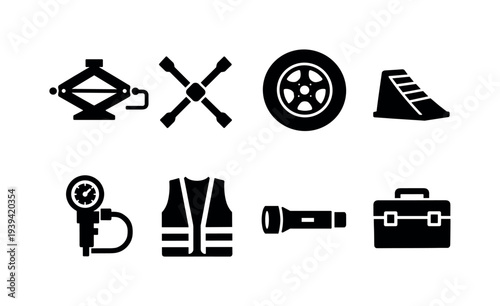 Car emergency kit icons: jack, tire, wrench, safety vest, flashlight, and more