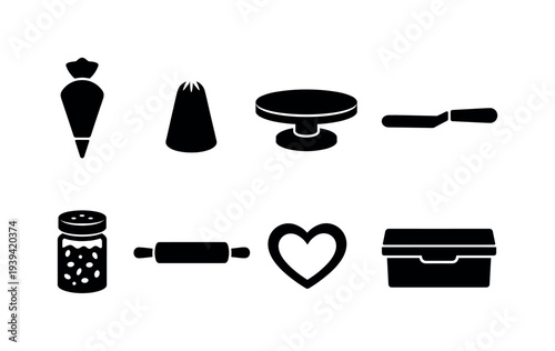 Collection of baking tools and decorations in a simple black and white icon set