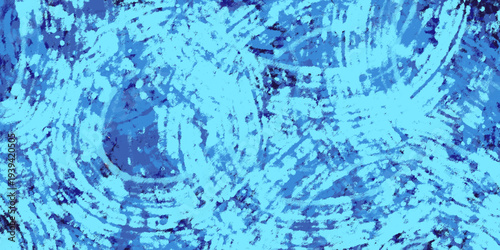 グランジペイント背景 青いブラシストロークと円形の絵の具跡が重なる抽象アートテクスチャ バナーやデザインに使える背景素材 / Blue grunge paint background abstract brush stroke texture artistic design backdrop