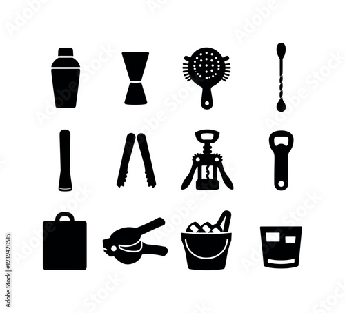 Collection of black bar tools and cocktail accessories icons on a white background