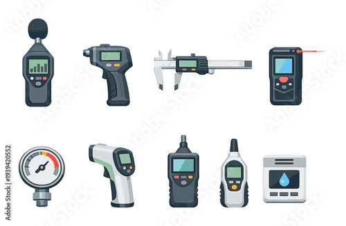 Handheld measurement tools arranged on dark gradient background