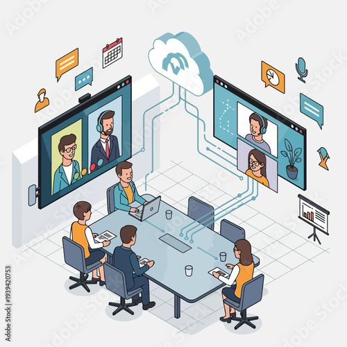 Remote team meeting with virtual participants on screens.