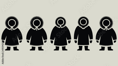 Set of 5 black vector icons depicting people wearing warm winter parkas or anoraks with hoods, isolated on a light beige background, suitable for cold weather and arctic themes.