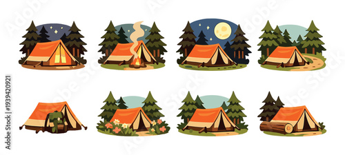 Camping tents with nighttime forest scenes and campfires