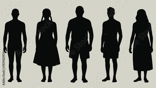 Set of 5 diverse black silhouette vector illustrations of standing adult men and women in various casual clothing, ideal for anonymous people concepts, demographic representation