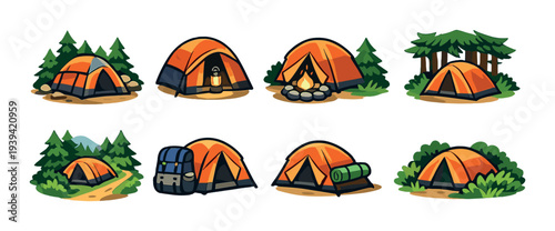 Orange camping tents with gear and campfire in forest clearing