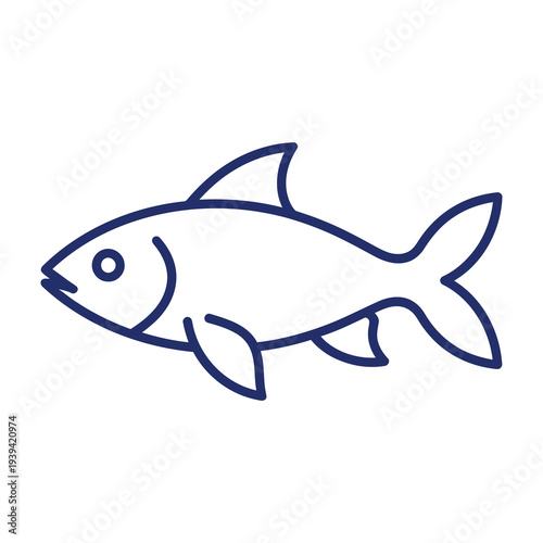 Stylized outline of a single fish with a streamlined body dorsal fin pectoral fins and tail fin depicted in a minimalist dark blue line art style on a clean white background representing aquatic life