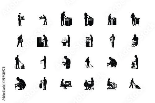 People Using Tools and Devices Black Silhouette Icons Collection Vector Set