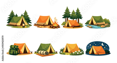 Assorted camping tents with campfire and gear by campsites