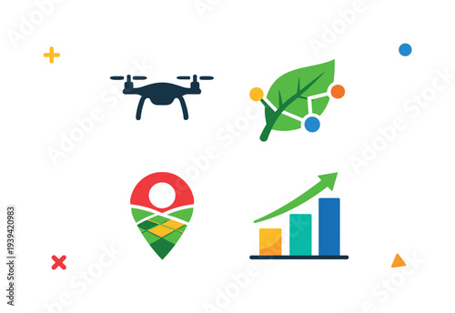 Modern icons for agriculture technology, drone, leaf, location, and growth charts