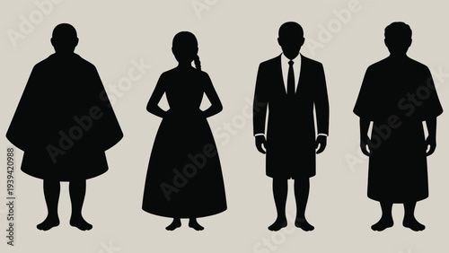 Diverse Black Silhouettes of People in Various Traditional and Formal Attire, Including Robes and Suits, Representing Different Cultures and Professions Vector Set