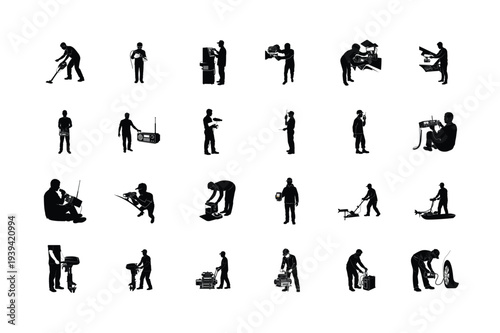 People Using Tools and Devices Black Silhouette Icons Collection Vector Set