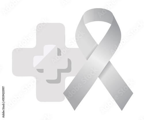 Silver awareness ribbon with medical cross, sticker on transparent background, for awareness campaigns and events